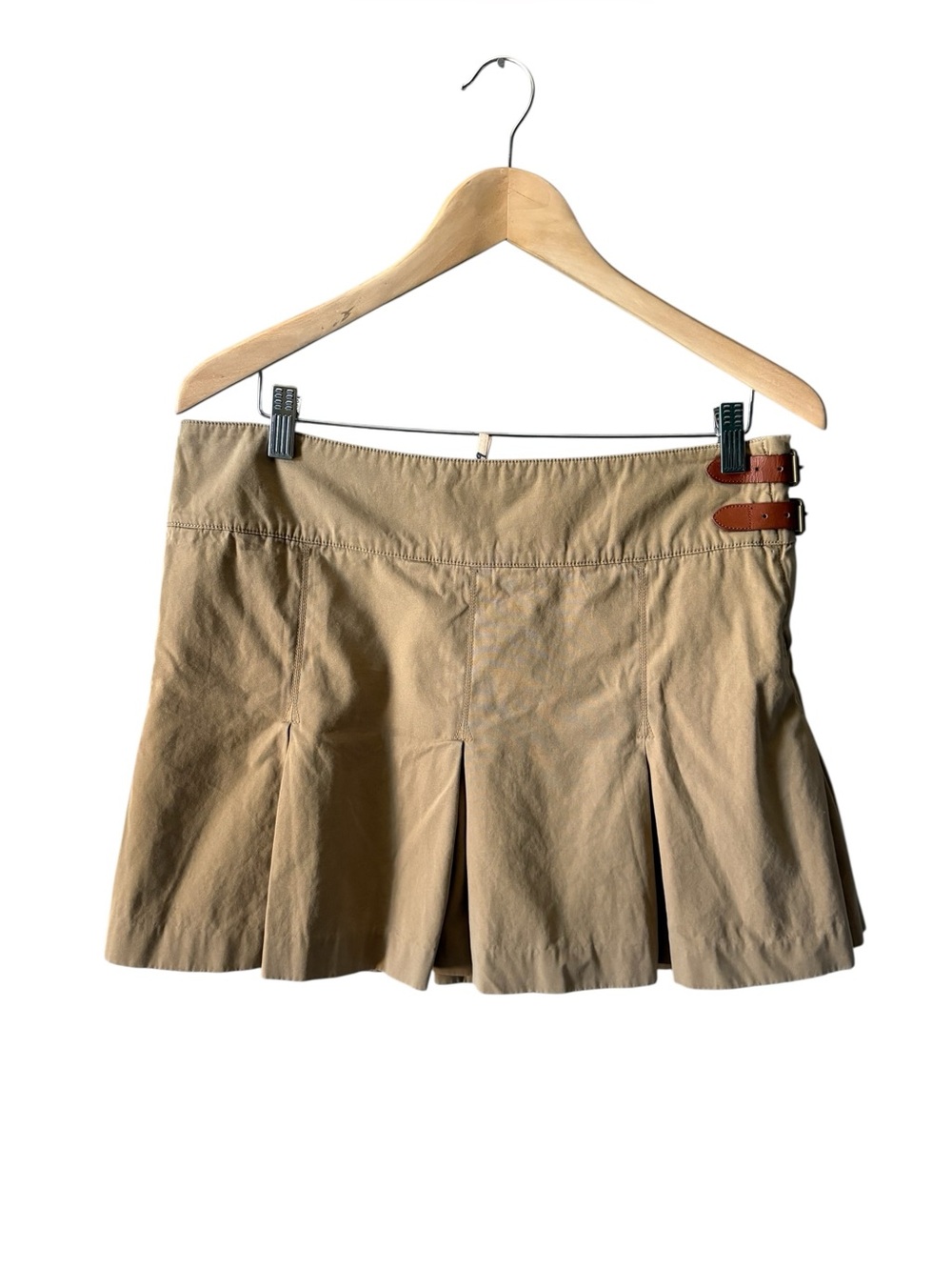 Vintage Y2K Ralph Lauren Pleated Khaki Mini Skirt Double Leather Buckle Size 8